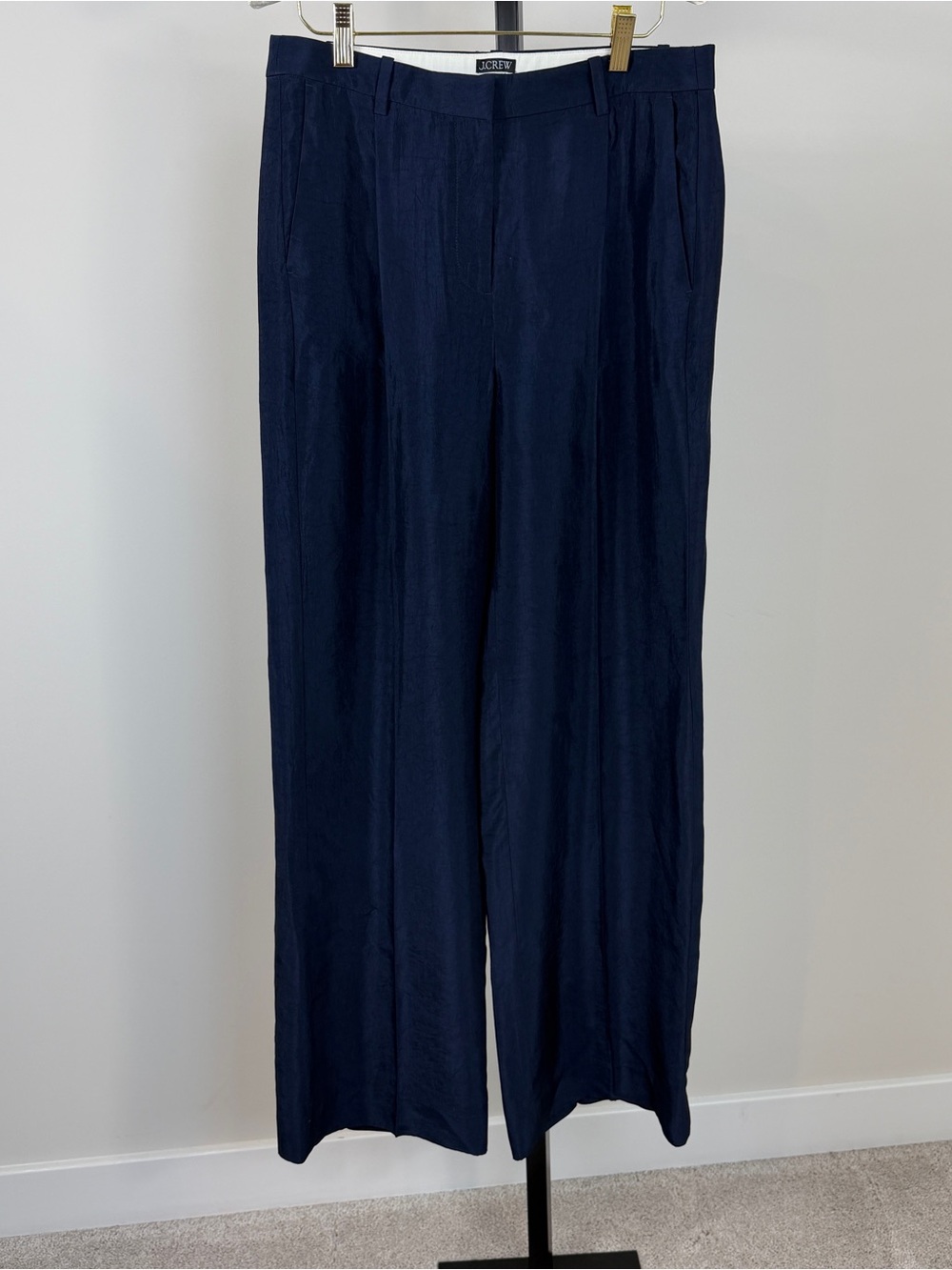 J. Crew Essential Wide Leg Navy Blue Textured Satin Dress Trouser Pants 4 - Picture 2 of 8